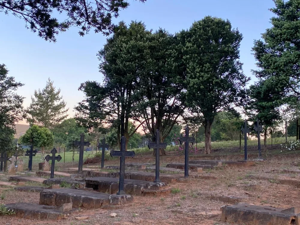 Iron crosses in the old Hermannsburg graveyard beneath mature trees