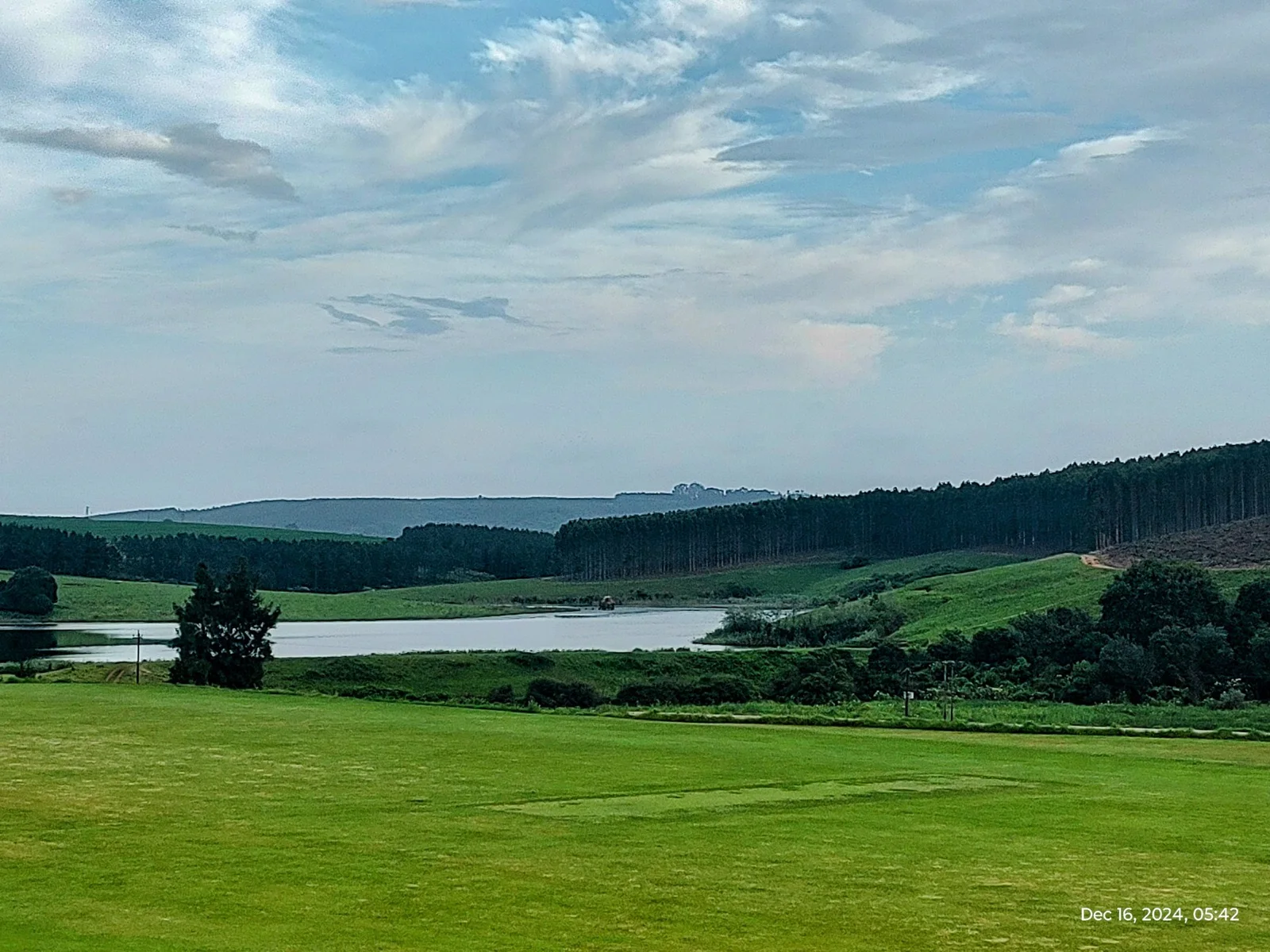 Water, rolling fields and plantation blocks